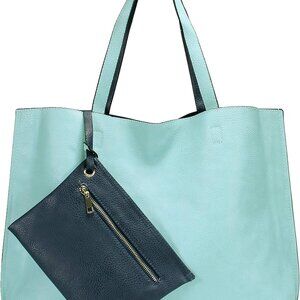 Women's Faux Leather Large Reversible Tote Bag with Zipper Pouch
